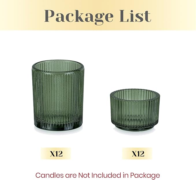 Hewory Glass Tealight Candle Holder: 24 Pcs Dark Green Votive Tea Lights Candle Holder, Ribbed Tea Light Holders Fall Decorations for Thanksgiving Table Centerpiece Wedding Party Home Decor