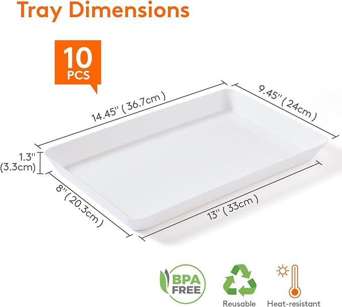Lifewit Plastic Serving Tray for Party Supplies, 15" x 10" White Trays for Serving Food, Reusable Large Platter for Buffet, Fruit, Dessert, Snack, Veggie, Kitchen and Outdoor Use, Rectangle, 10 Pcs