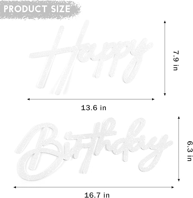 CANREVEL Happy Birthday Sign for Backdrop, Glitter Felt White Happy Birthday Banner, White Birthday Party Decorations for Girl Boy Women Men, Wall Decor Balloon Arch Photo Prop