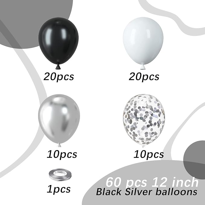 Black and Silver Balloons, 60pcs 12 Inches Black White Silver Confetti Balloons with 1 Ribbon for Birthday, Baby Shower, Wedding, and Silver Theme Party Decoration
