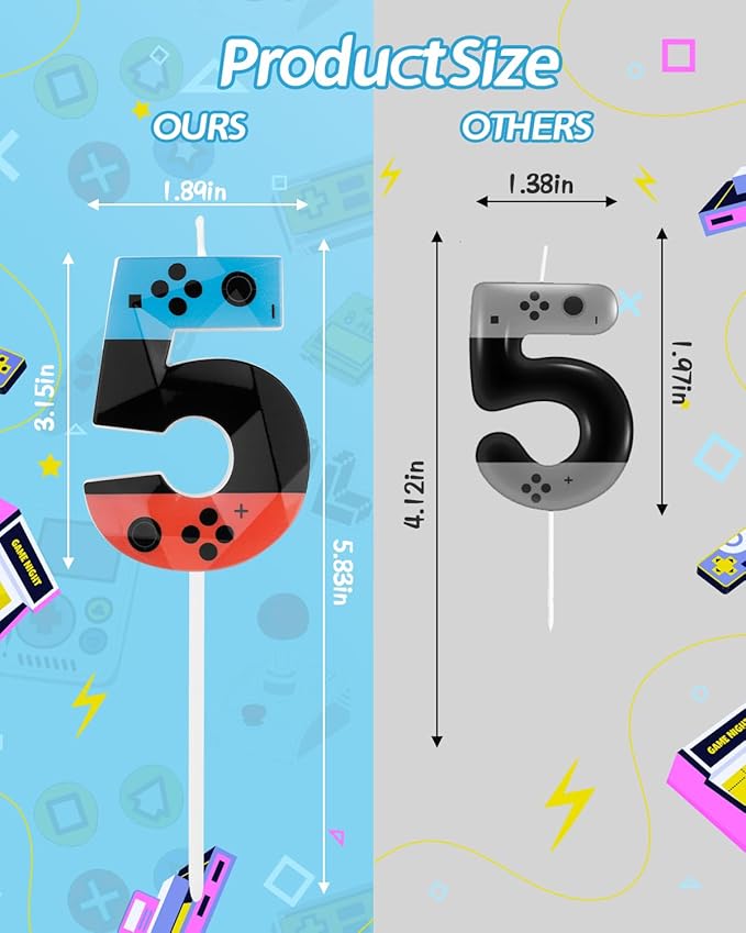 Number 5 Level Birthday Candles, 2.68 inch Gamer Candles, Red Blue Birthday Candles, Game Controller Gamepad Candles,Video Game Controller Themed Kids Boy Girl Party Supplies
