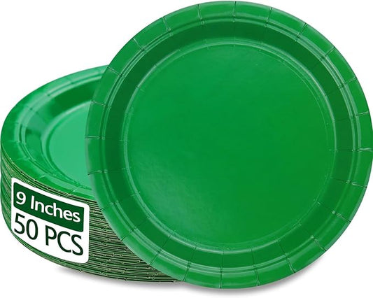 50 PCS Green Paper Plates - 9” Dark Green Disposable Plates Round Dinner Plates for BBQ Birthday Party Picnic Supplies Daily Use Christmas Party Supplies