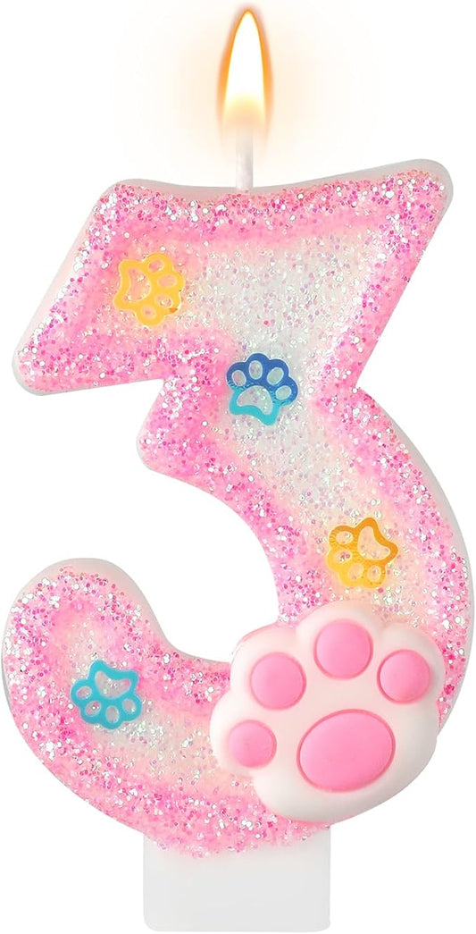 AKURIEEY Dog and Cat 3rd Birthday Candle Pink Numbers 3 Candle Paw Cake Topper Cupcake Decorations for Pet Theme Party Decor Anniversary Celebrations Supplies