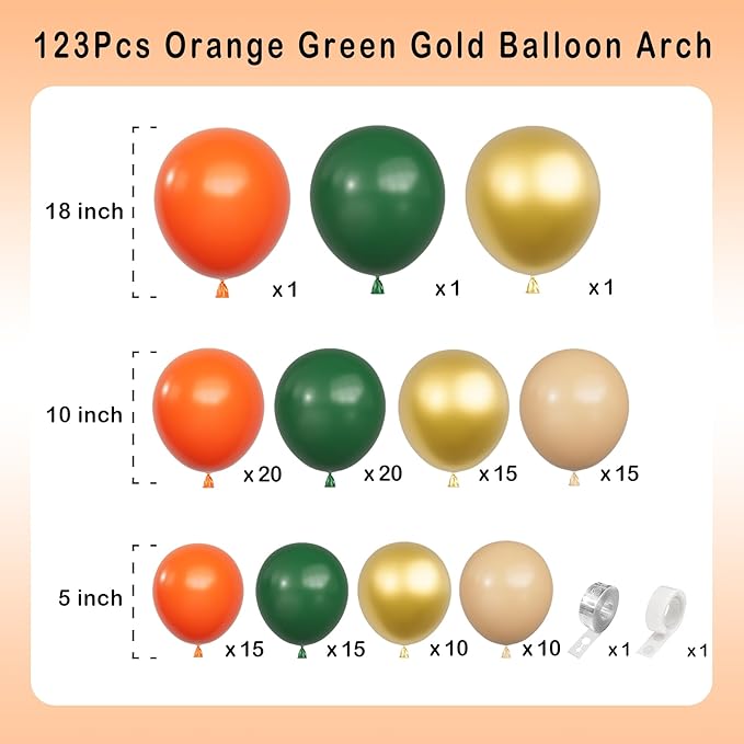 Orange Green Balloons Arch Garland Kit-123Pcs Metallic Gold Balloon Nude Balloon for Bridal Shower,Christmas,Birthday,Wedding,Thanksgiving Party Decoration.