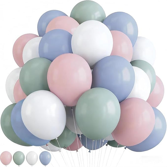 Pastel Blue Green Pink White Balloons, Muted Rainbow Dusty Pink Blue Sage Green White Latex Colorful Balloons for Boho Wedding Birthday Baby Shower Gender Reveal Woodland Floral Fairy Party Decor