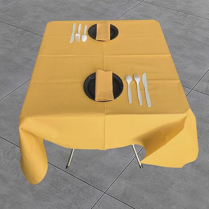 [6 Pack] Gold Square Tablecloths 54x54 Inch, Disposable Paper Table Cloth for Square and Round Tables, Waterproof 3-Ply Paper & Platic Table Cover for Christmas Fall Hosting Picnic Reunions