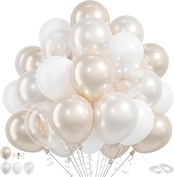 Pearl Balloons, 60Pcs Pearl White Balloons, 12 Inch Latex Double Stuff Pearl White Balloons for Wedding Bridal Shower Baby Shower Wedding Anniversary Engagement Neutral Birthday Party Decorations