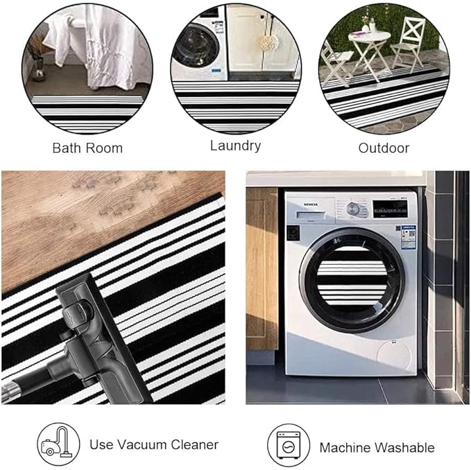 OJIA Black and White Striped Outdoor Rug 24''x51'' Washable Front Door Mat Outdoor Entry Rug Doormat Outside Door Mat Cotton Woven Indoor Area Rugs for Porch/Entryway/Entrance Decor
