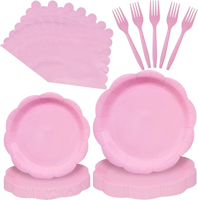 96 Pieces Pink Scalloped Tableware Set Party Supplies ??Solid Color Disposable Dinnerware with Paper Plates, Napkins, and Forks for Girls Birthday, Baby Showers, Tea Parties ??Serves 24