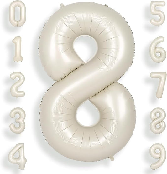 SUWEN 40 Inch Cream White Large 8 Number Balloons Big Foil Helium Number Balloons 0-9 Jumbo Happy 8th Mylar Birthday Party Decorations for Boy or Girl Anniversary Party Supplies