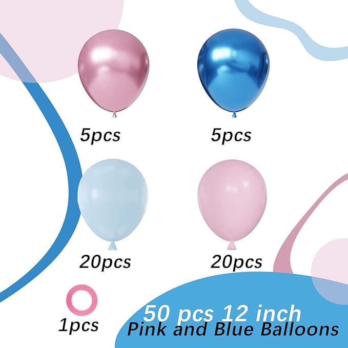 Pink and Blue Latex Balloons, 50pcs 12 Inches Metallic Blue Pink Balloons with 1 Ribbon for Baby Shower, Gender Reveal, Birthday Party Decorations