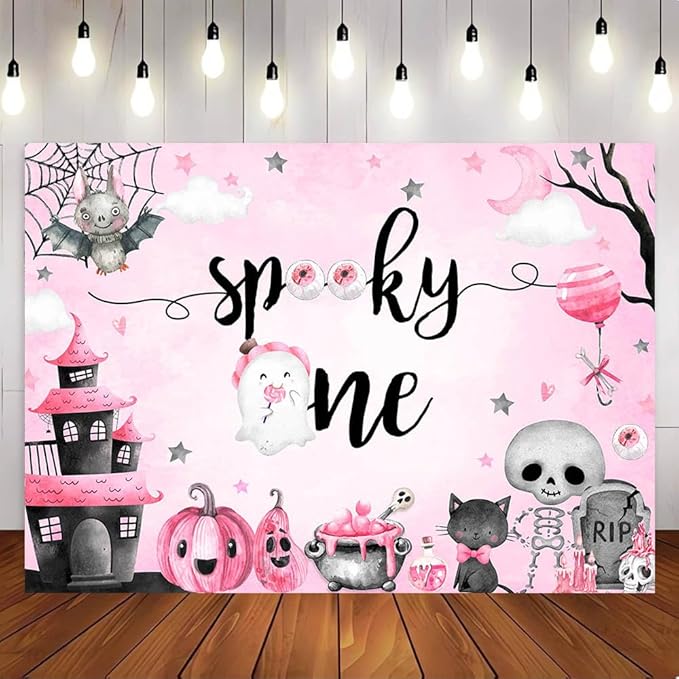 Mocsicka Halloween Spooky One Backdrop Halloween 1st Birthday Party Decoratoon Watercolor Spooky Ghost Spooktacular Birthday Banner Photo Shoot Props (Pink, 8x6ft(96''x72''))