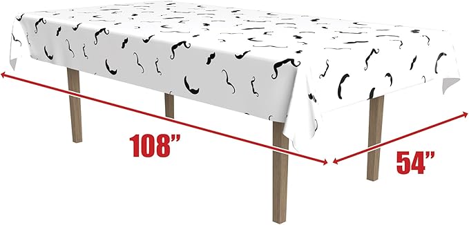 Beistle Moustache Tablecover, 54 by 108-Inch, White/Black, 54" x 108"