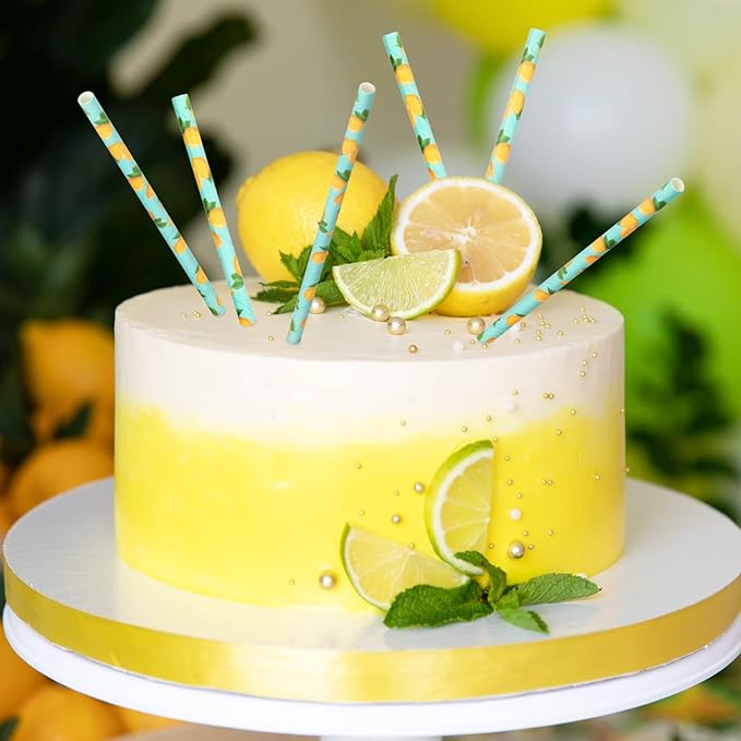 Whaline 200Pcs Watercolor Lemon Paper Straws Summer Disposable Drinking Straws Lemon Party Decorative Straw for Spring Summer Birthday Baby Shower Juices Shakes Cocktails Decorations