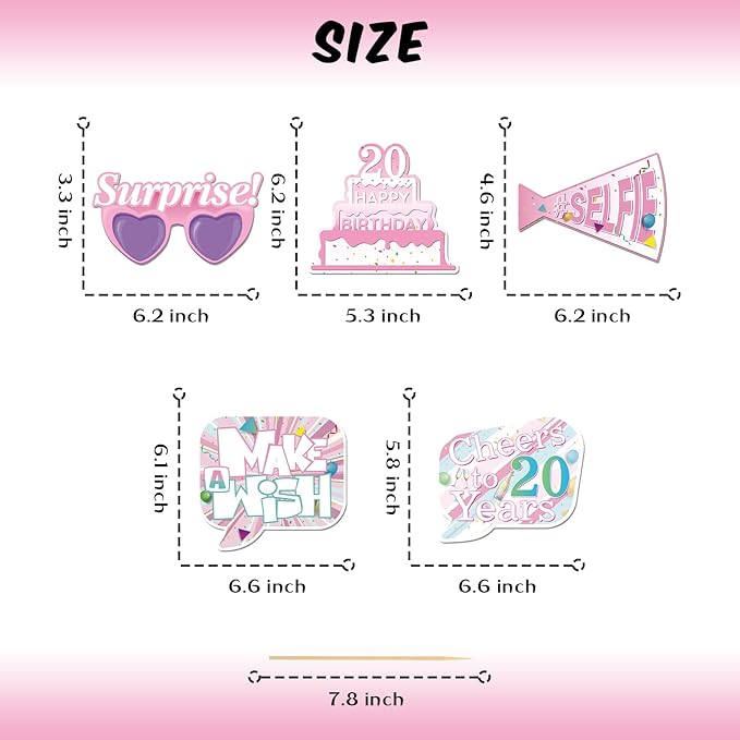 20 Pcs Girl 20th Birthday Photo Booth Props Kit, Pink Twenty Themed Birthday Party Selfie Decorations, Girl Women 20th Bday Party Photography Supplies