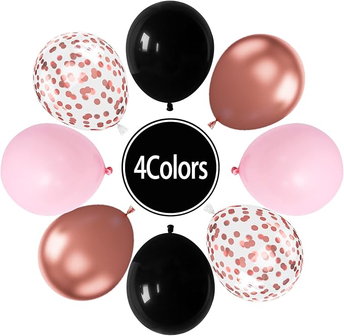 Paready Black Pink Latex Balloons, 60 Pcs 12 Inch Metallic Rose Gold and Confetti Balloons for Girls Birthday Baby Shower Engagement Anniversary Wedding Bridal Shower Party Graduation Decoration