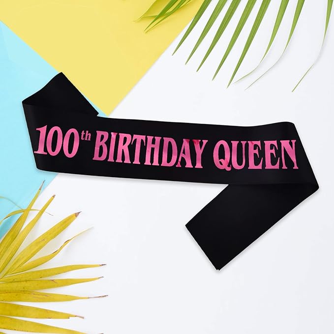 100th Birthday Queen Sash, Pink Foil Black Satin Birthday Sash for Women 100th Fabulous Birthday Party Gift Decorations Favors