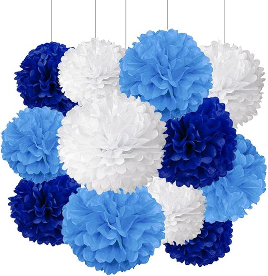 ZOOYOO Paper Tissue Pom Poms, 12 Pcs Blue White Pompoms Party Hanging Tissue Flowers for Birthday Wedding Engagement Baby Shower Tea Party Decorations
