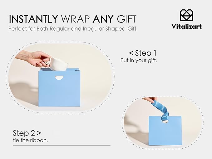Vitalizart Paper Gift Bags With Ribbon Handles Set of 10 Blue Bulk Reusable For Gift Wrap Girls Kids Birthday Bridal Shower Party Favors Goodie Bags Candy Toys Christmas 7.87"x3.54"x7.09" Small Size
