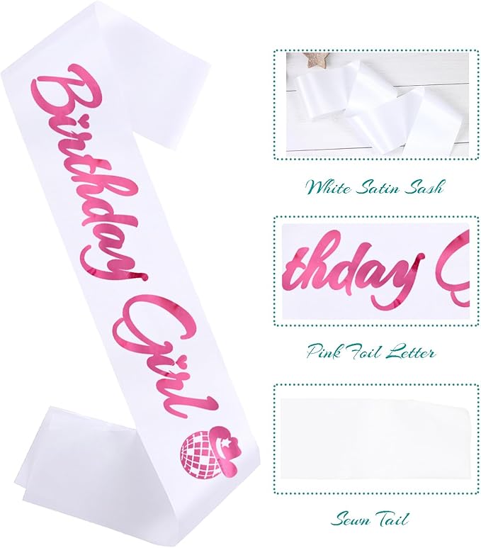 Birthday Girl Sash, Disco Cow Birthday Sash for Cowgirl Funny Birthday Gift Ideas Suppiles, White+ Pink Foil