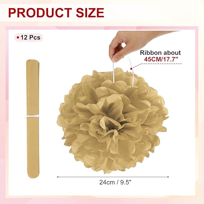 PATIKIL 10inch Tissue Paper Pom Poms, 12PCS Pom Poms Paper Flowers Ball Tissue Paper Flowers for Wedding Bridal Shower Birthday Bachelorette Party Backdrop Decoration, Khaki