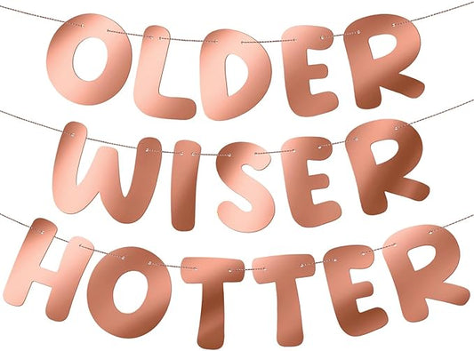 Fulmoon Set of 3 Pre Strung Older Wiser Hotter Glitter Banner Funny Birthday Banner for Women 30th 40th 50th 60th 70th 80th Birthday Party Decorations Sign Gift(Bright Rose Gold)