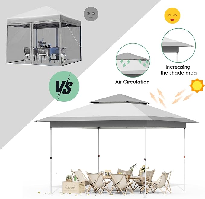 Arlopu Pop Up Canopy Tent with 1-Person Set up, Camping Instant Durable Shelter, Outdoor Gazebo Beach Shade with Wheeled Bag, 4 Sand Bags for Weight (Grey, 13FTX13FT)