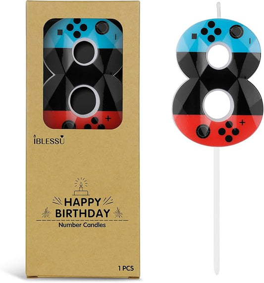 Number 8 Level Birthday Candles, 2.68 inch Gamer Candles, Red Blue Birthday Candles, Game Controller Gamepad Candles,Video Game Controller Themed Kids Boy Girl Party Supplies