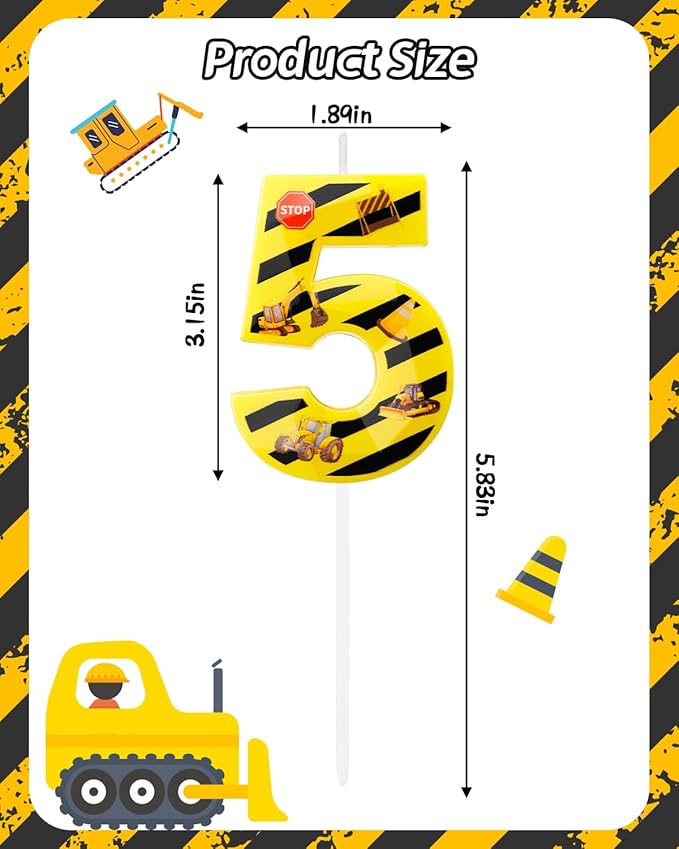 Number 5 Construction Birthday Candle, 2.68 Inch Yellow and Black Striped Candle, Birthday Candles Numbers Construction Cake Topper for Boys Girls, Construction Birthday Party Supplies Decorations