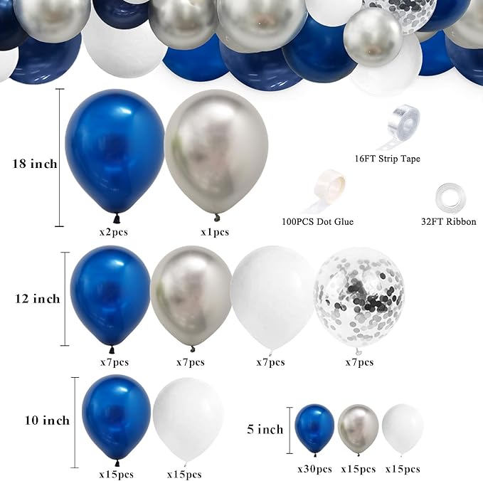 124pcs Blue Silver White Balloons Garland Arch Kit 5/10/12/18 Inch Royal Navy Blue White Metallic Silver Confetti Set for Birthday Wedding Graduation Party Father's Day Decor