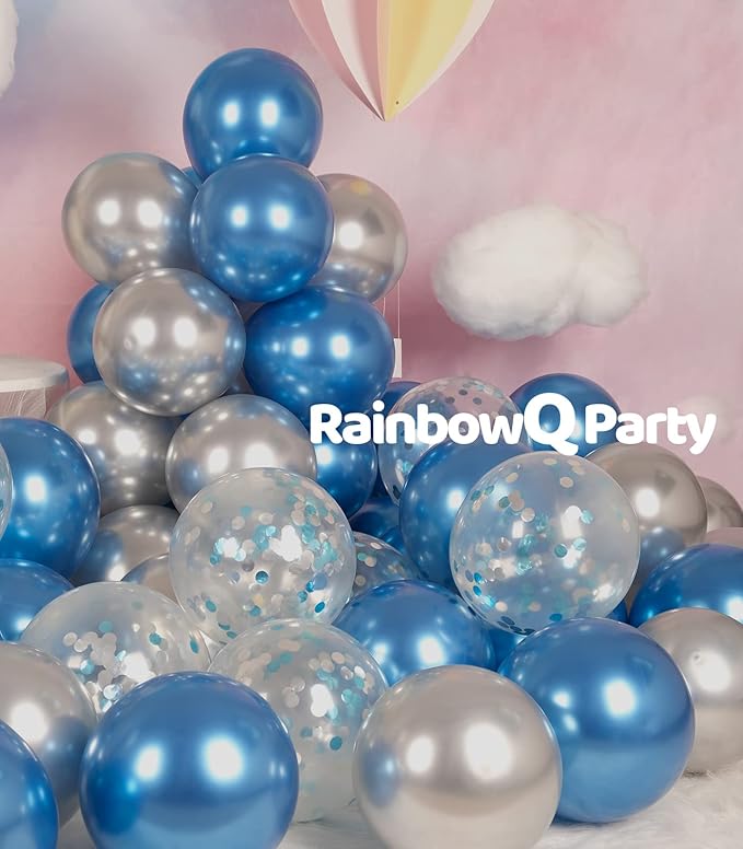 Metallic Shiny Blue and Silver Balloons 12 Inch 67PCS Silver Blue Confetti Balloons Latex Helium Balloon Set for Graduation Wedding Birthday Party Decorations