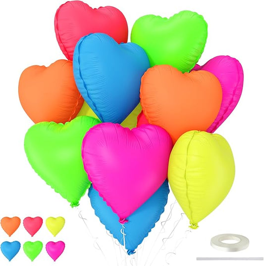 Neon Heart Balloons, 18 Inch Rainbow Heart Shape Foil Balloon, 12 Pcs Hot Pink Yellow Blue Green Orange Red Multicolor Helium Balloon for Colorful Glow Party Disco Birthday Bachelorette Tropical Decor