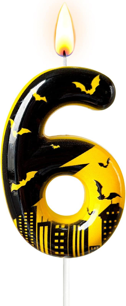 Black Yellow Number 6 Birthday Candle for Cake – Dark Night Hero Style with Bat & City Silhouette Design – Unique Cake Topper for Birthday, Anniversary, Themed Party Decoration