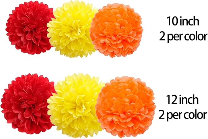 Red Orange and Yellow Paper Pom Poms (12 Pack) - Hanging Tissue Flowers for Thanksgiving Firefighter Birthday Party Ceiling Decorations
