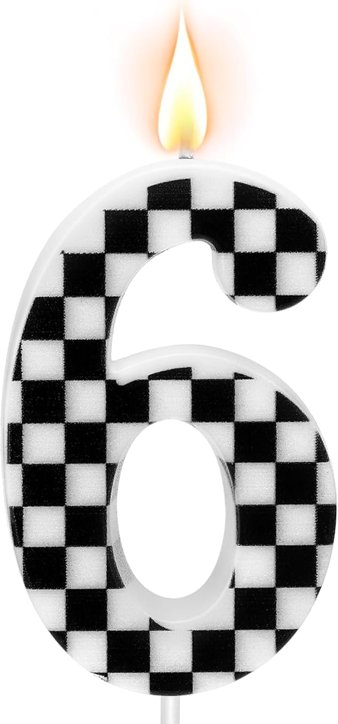 Racing Car Themed Birthday Candles, Number 6 Checkered Candles, Black & White Checkered Cake Decoration, Car Cake Topper for Party Decoration Theme Party Supplies