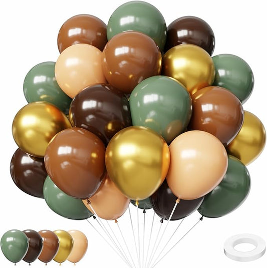 Green and Brown Balloons, 50Pcs 12 Inch Sage Green Brown and Gold Balloons for Jungle Forest Birthday Party Decorations