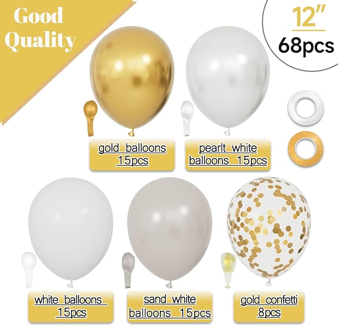 68Pcs Sand White Gold Confetti Balloons Kit 12 Inch Ballons Beige Pearl White Balloon Gold Party Balloons with Ribbons for Birthday Wedding engagement Baby Shower Graduation Decorations.