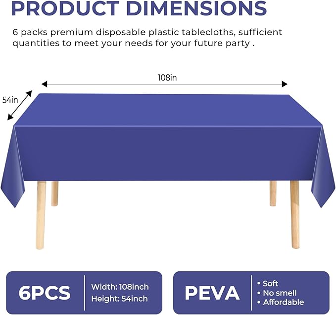 6 Pack Premium Disposable Plastic Tablecloth 54" x 108" Party Table Cloths Disposable for 6 to 8 Foot Tables Indoor or Outdoor Parties Birthdays Weddings Christmas Anniversary Buffet Table (Blue)