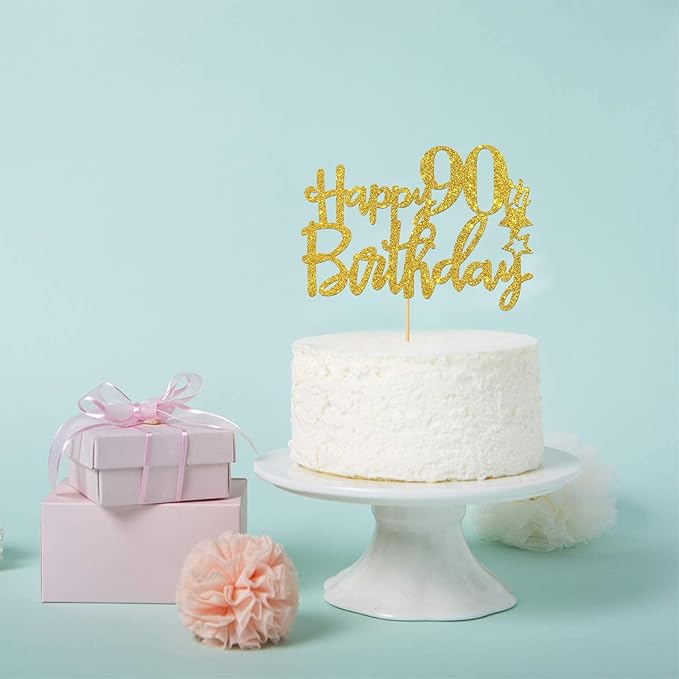 Gold Glitter Happy 90th Birthday Cake Topper - 90 Sign Cake Topper - Cheers to 90 Years Party Supplies - 90th Birthday Party Decoration
