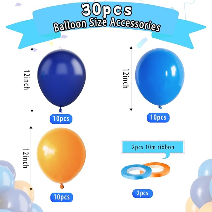 Paready Blue and Orange Balloons, 30 Pcs 12 Inch Orange Navy Blue Latex Balloons with Ribbons for Boys Birthday Baby Shower Company Events Wedding Bridal Shower Graduation Festival Decoration