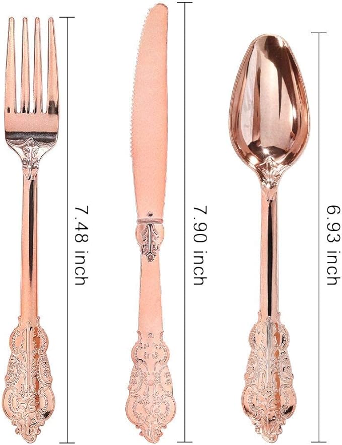 WDF-300 Pieces Rose Gold Plastic Silverware- Disposable Flatware -Heavyweight Plastic Cutlery- Includes 100 Forks, 100 Spoons, 100 Knives for Wedding/Parties/Birthday