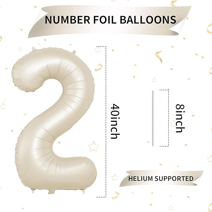 40 Inch Cream Number 2 Balloon, Beige Large 2nd Birthday Balloons, Digital 2 Cream White Giant 2 Foil Balloon Helium for Boys Girls 2nd Birthday Decorations Anniversary Baby Shower Party Supplies