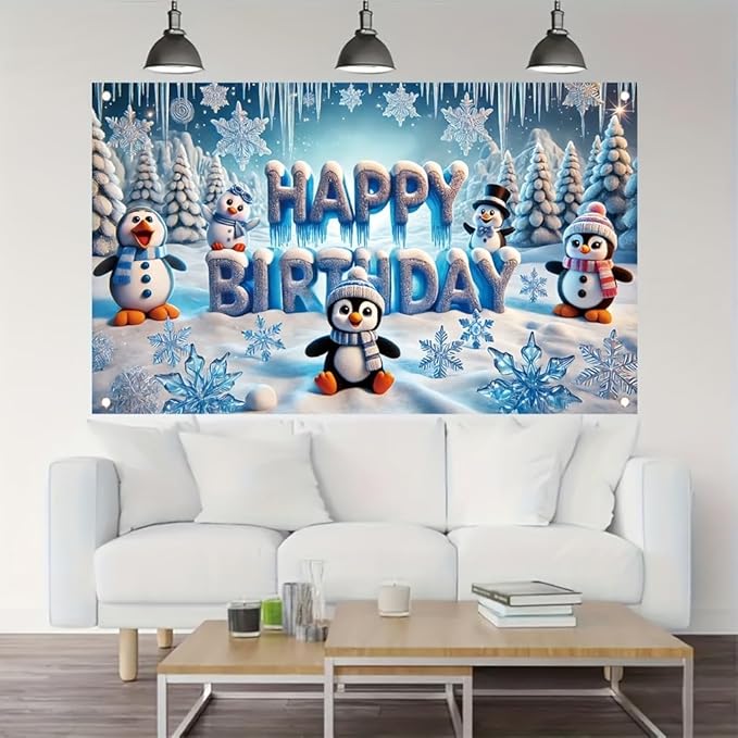 Winter Penguin Happy Birthday Party Banner 71X43INCH Double Sided Outdoor Yard Signwith Snowflakes LCE and Cute Penguins for Winter Wonderland Birthday Party Decoration