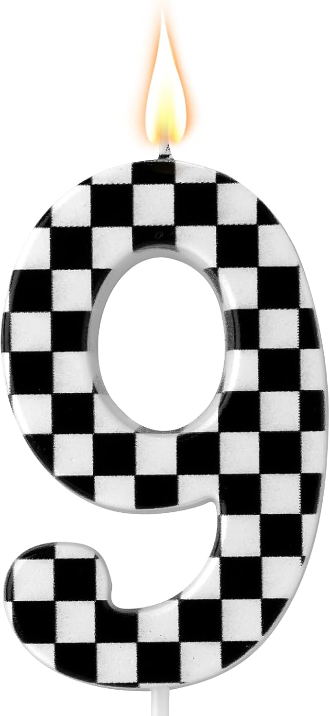 Racing Cars Themed Birthday Candle, Checkered Flag Number Candles Black and White Candles Happy Birthday Cake Topper Party Decorations for Boys Racing Cars Themed Party Supplies (Number 9)