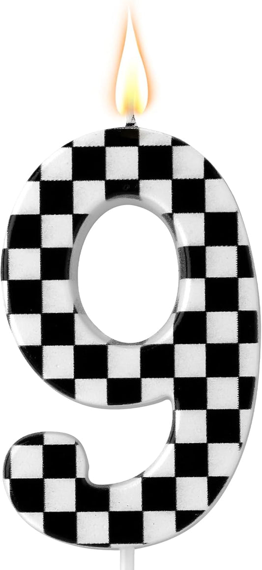 Racing Cars Themed Birthday Candle, Checkered Flag Number Candles Black and White Candles Happy Birthday Cake Topper Party Decorations for Boys Racing Cars Themed Party Supplies (Number 9)