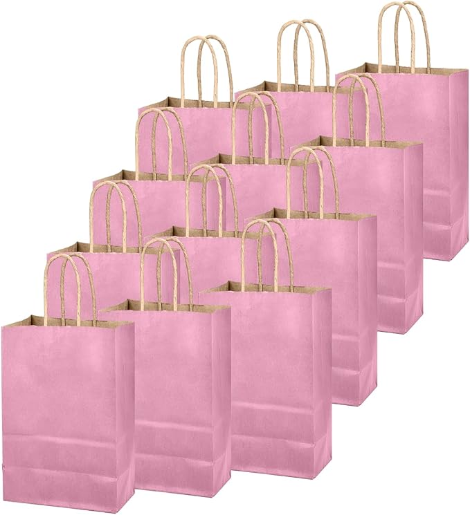 qiqee Purplish-pink Gift Bag with Handles Bulk 24Pcs Paper Bags -10.6"x8.3"x4.3"Party Favor Bags - Solid Color