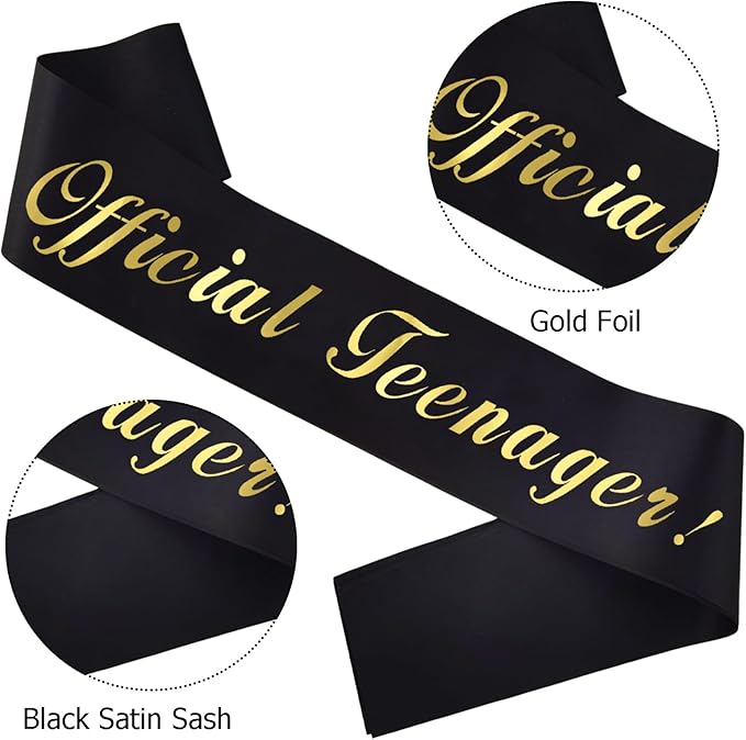 Gold Foil 'Official Teenager' Black Birthday Sash for Boy, 13th Birthday Sash for Bday Party Decorations Gifts Favors