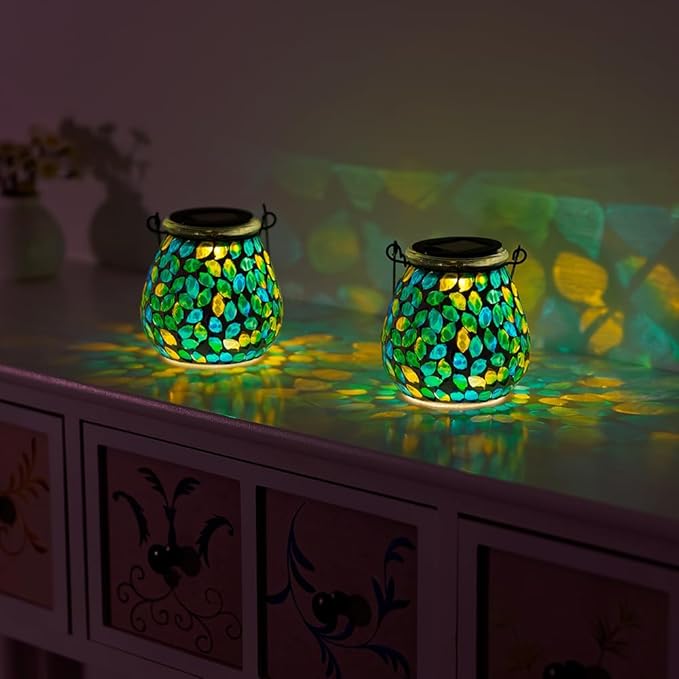 Starsoul 2 Pack Solar Lanterns Outdoor Waterproof, Unique Green Mosaic Glass Solar Garden Lights, Decorative Outdoor Lantern for Outside Patio Pathway Porch Yard Table