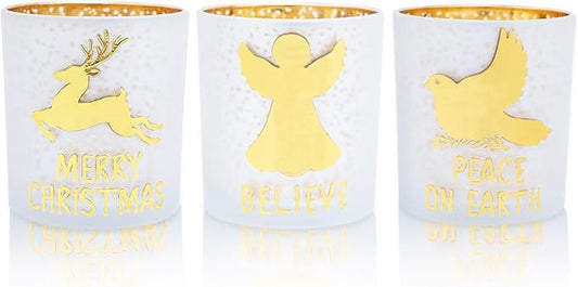 Rancco Votive Candle Holders, Christmas Gold Silver Glass Tea Light Candle Holder Set of 3 with Elk, Angel, Peace Dove, Candle Holder for Christmas Table Centerpieces, Birthday, Home Tea Party Decor