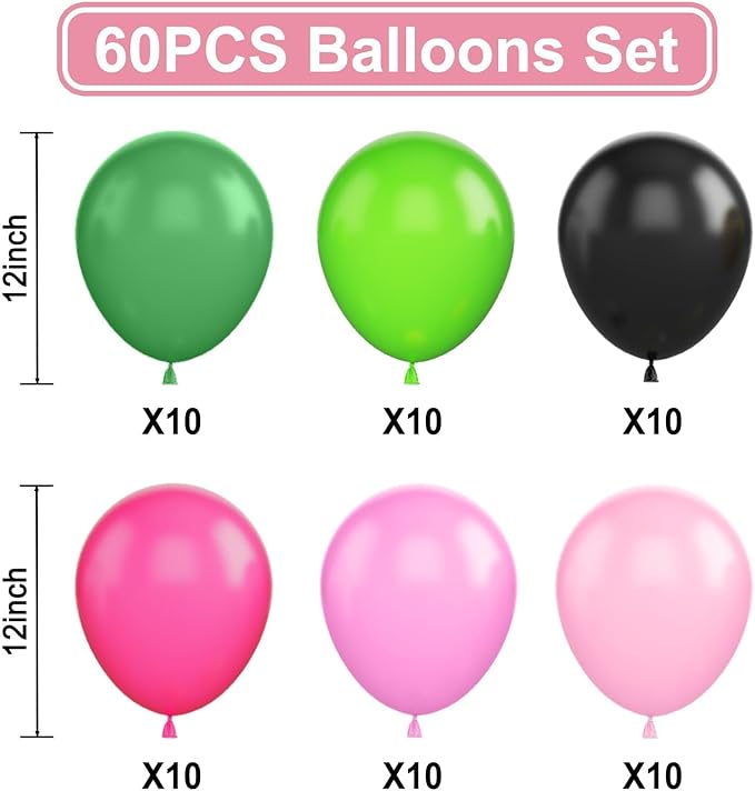 Black and Pink Green Balloons, 60PCS Witch Theme Party Balloon, 12 Inch Hot Pink Dark Light Green Black Latex Balloon for Girls Princess Witch Theme Birthday Party Decorations Supplies
